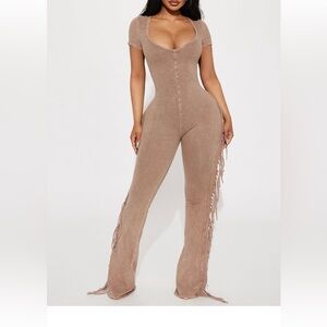 Fashion Nova Taupe Fringe Scoop-Neck Jumpsuit Size M Women’s